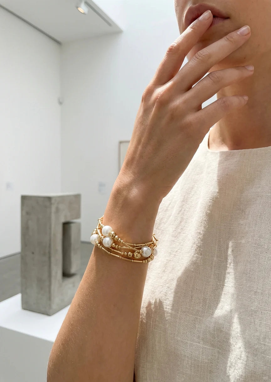 Envy Gold Layered Stretch Bracelet with Ball and Pearl Detail