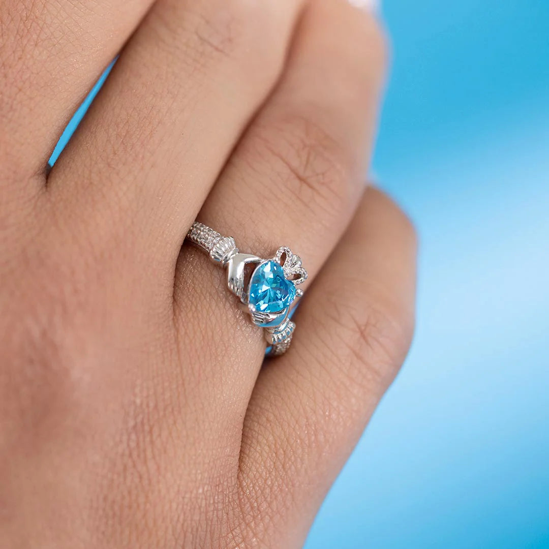 March Birthstone Aquamarine Claddagh Ring