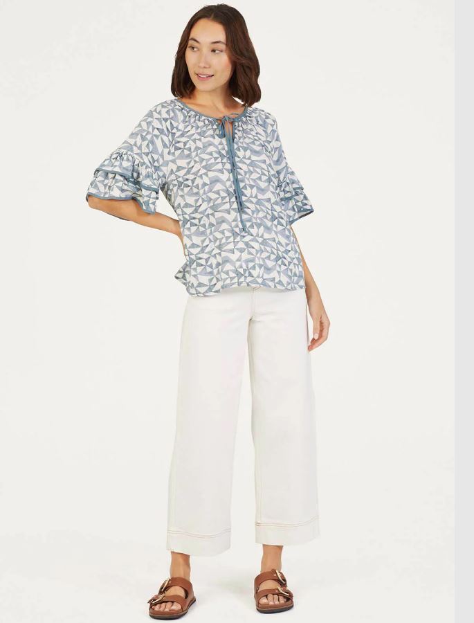 Thought | Ruffle Sleeve Print Top | Dusky Blue