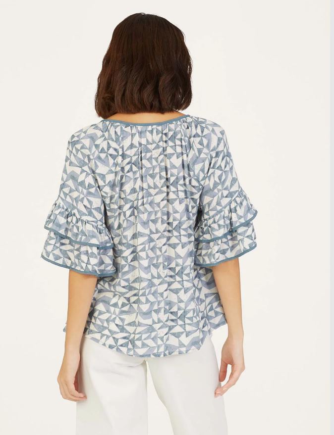 Thought | Ruffle Sleeve Print Top | Dusky Blue