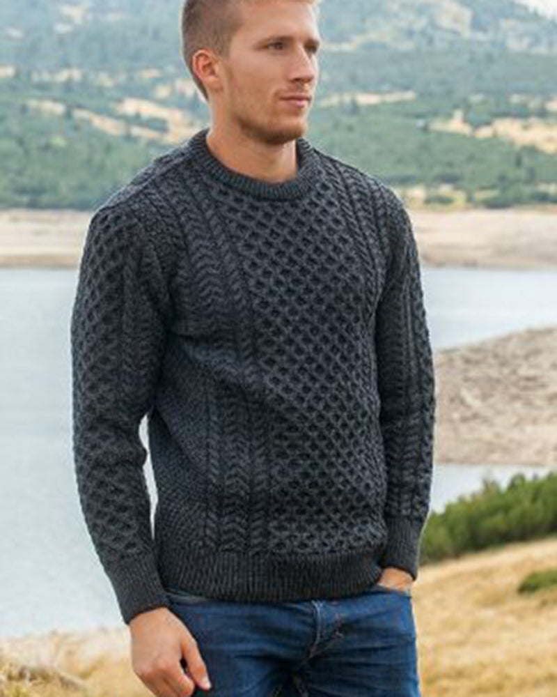 Traditional Crew Neck Aran Sweater , Charcoal