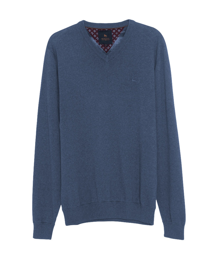 Magee | Carn Cotton V Neck Jumper-Blue Melange
