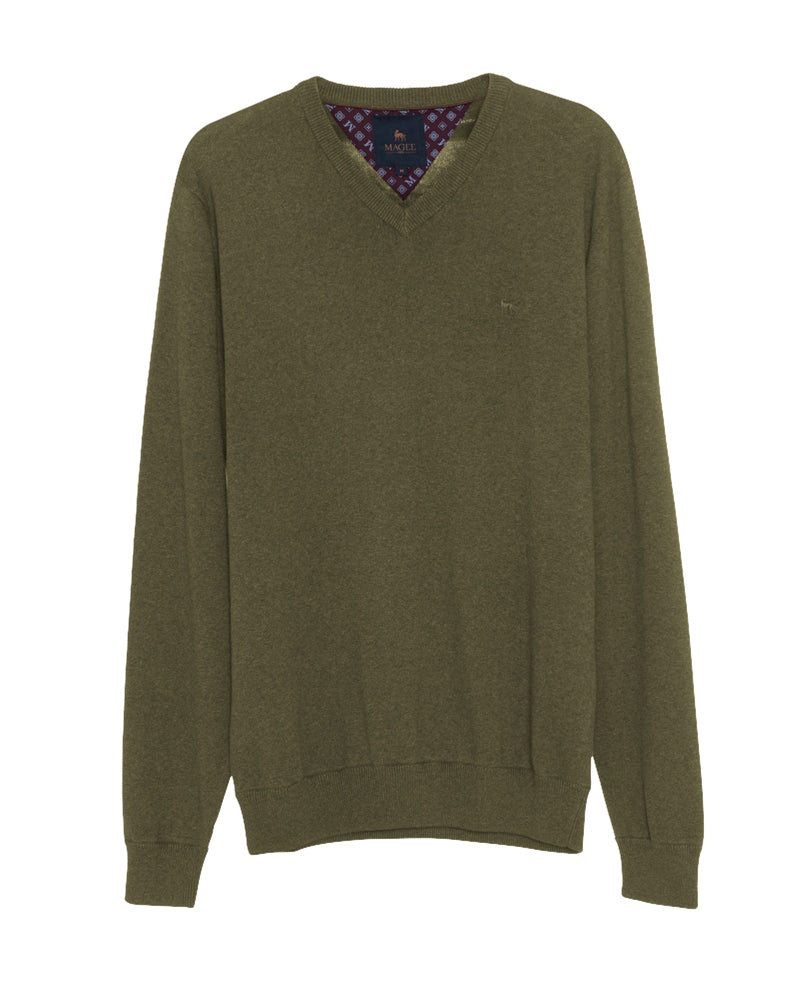 Magee | Carn Cotton V Neck Jumper-Olive Green