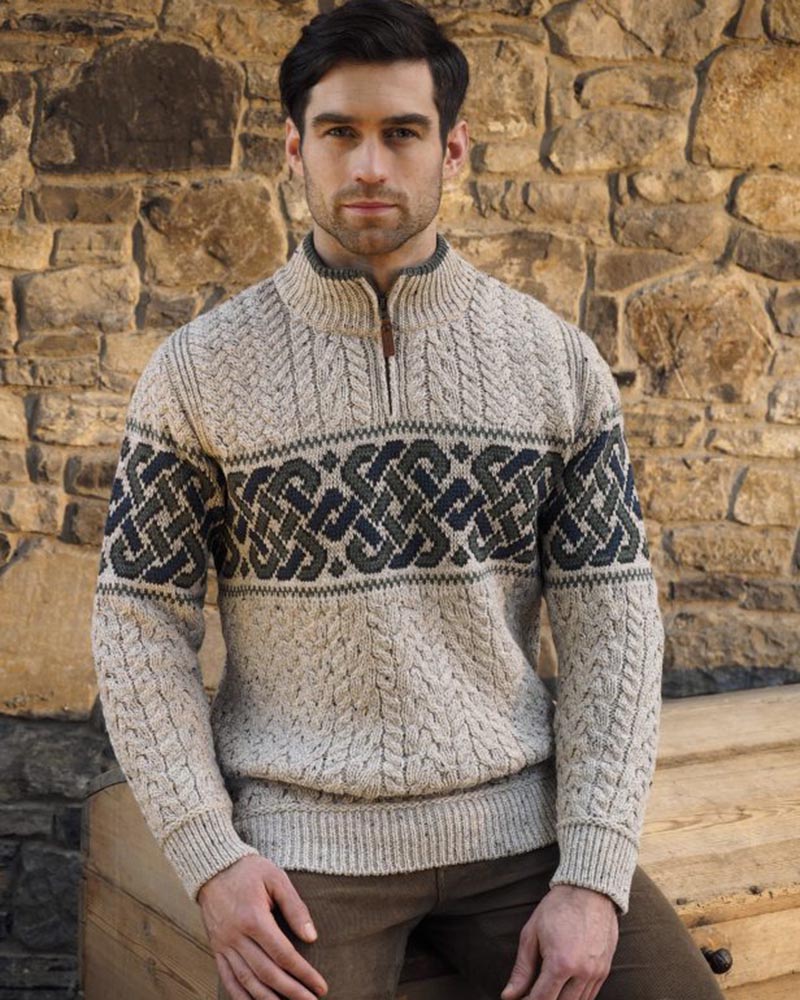 Aran Crafts | Aran Celtic Jacquard Half Zip Sweater - X4843 | Oatmeal