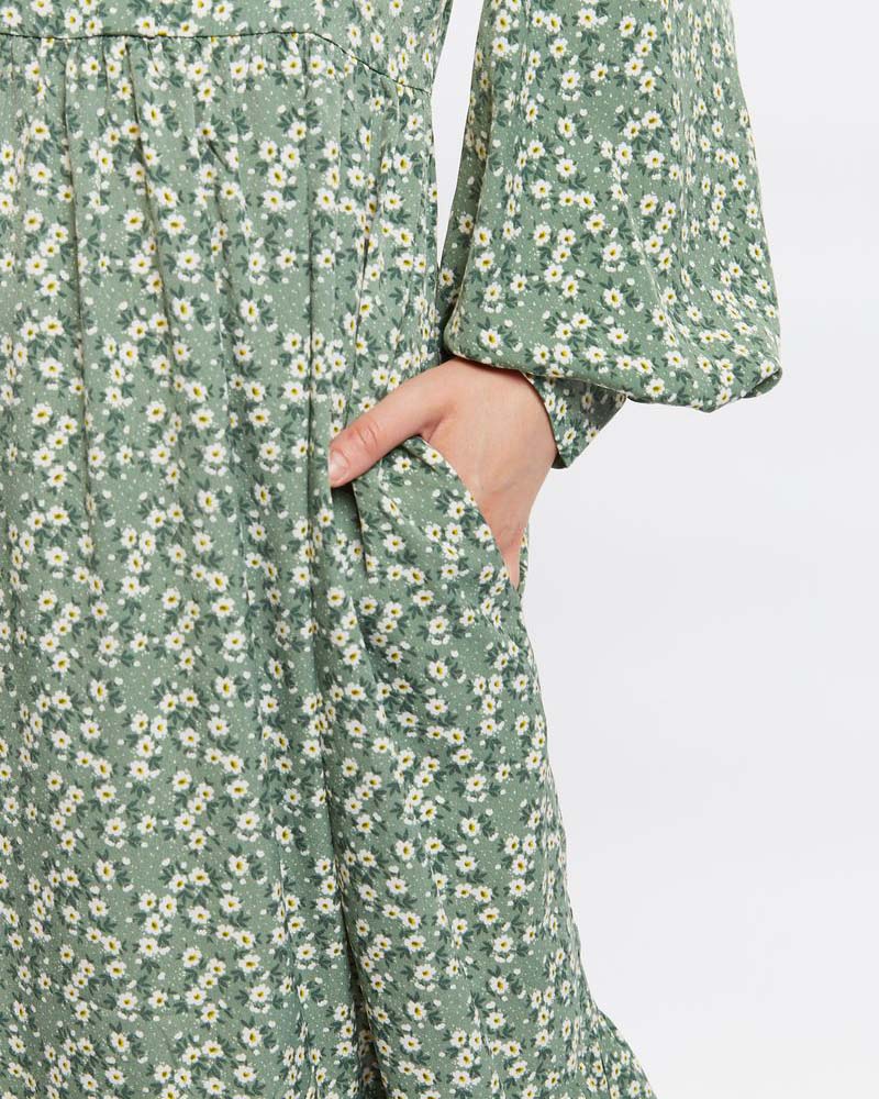 Louche | Nathalia Daisy Print Tiered Dress -Green