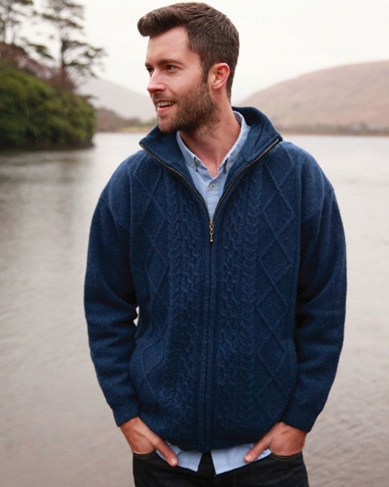 Traditional Aran Handknit Zip Sweater , Navy