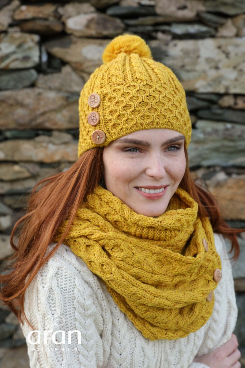 Aran Merino Wool Hat with 3 Buttons , Sun Yellow