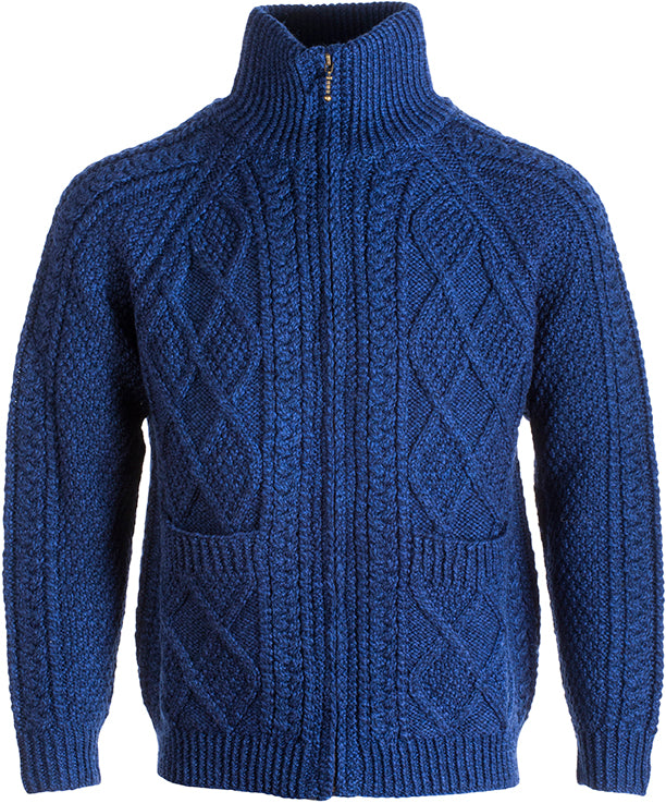 Traditional Aran Handknit Zip Sweater , Navy