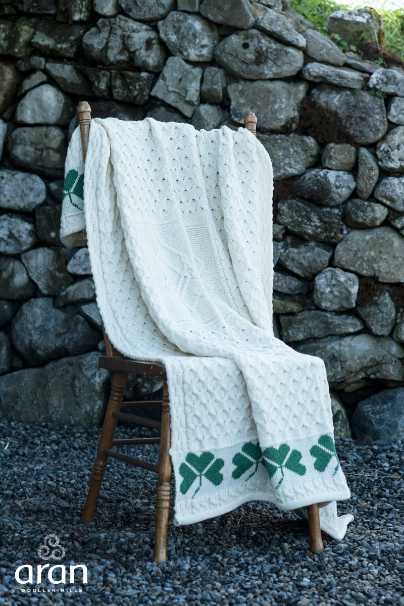 Large Aran Shamrock Wool Blanket , Natural
