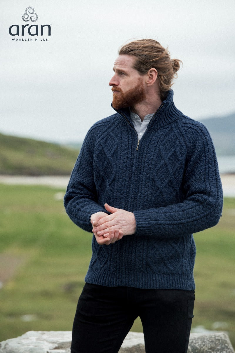 Traditional Aran Handknit Zip Sweater , Navy