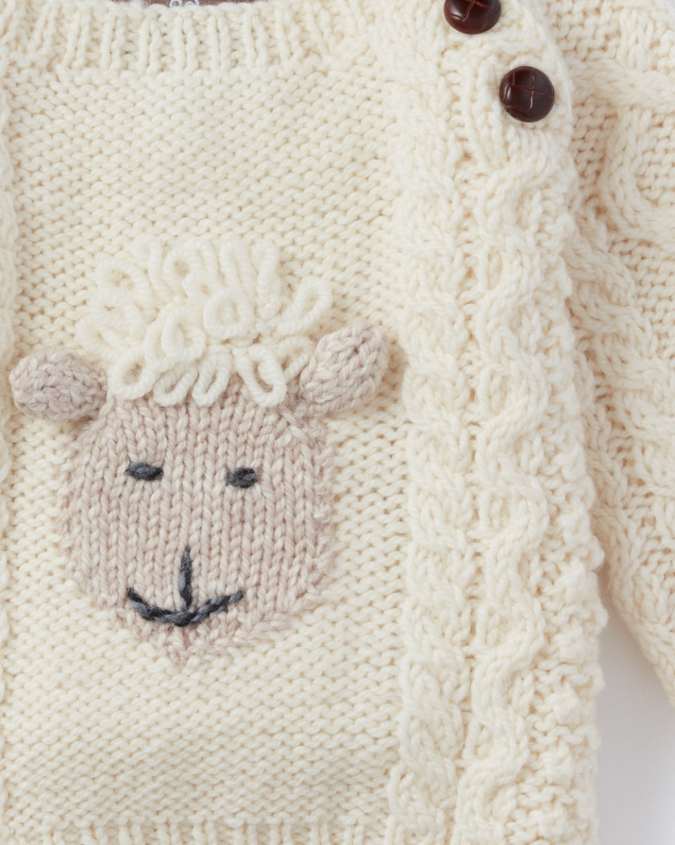 Handknit Baby Sheep Crew Neck Aran Sweater , Natural