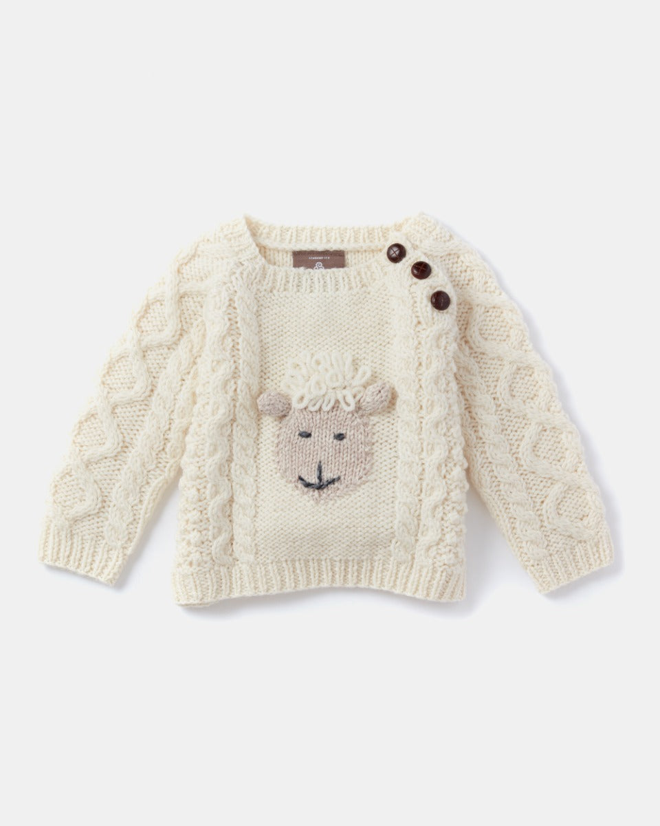 Handknit Baby Sheep Crew Neck Aran Sweater , Natural