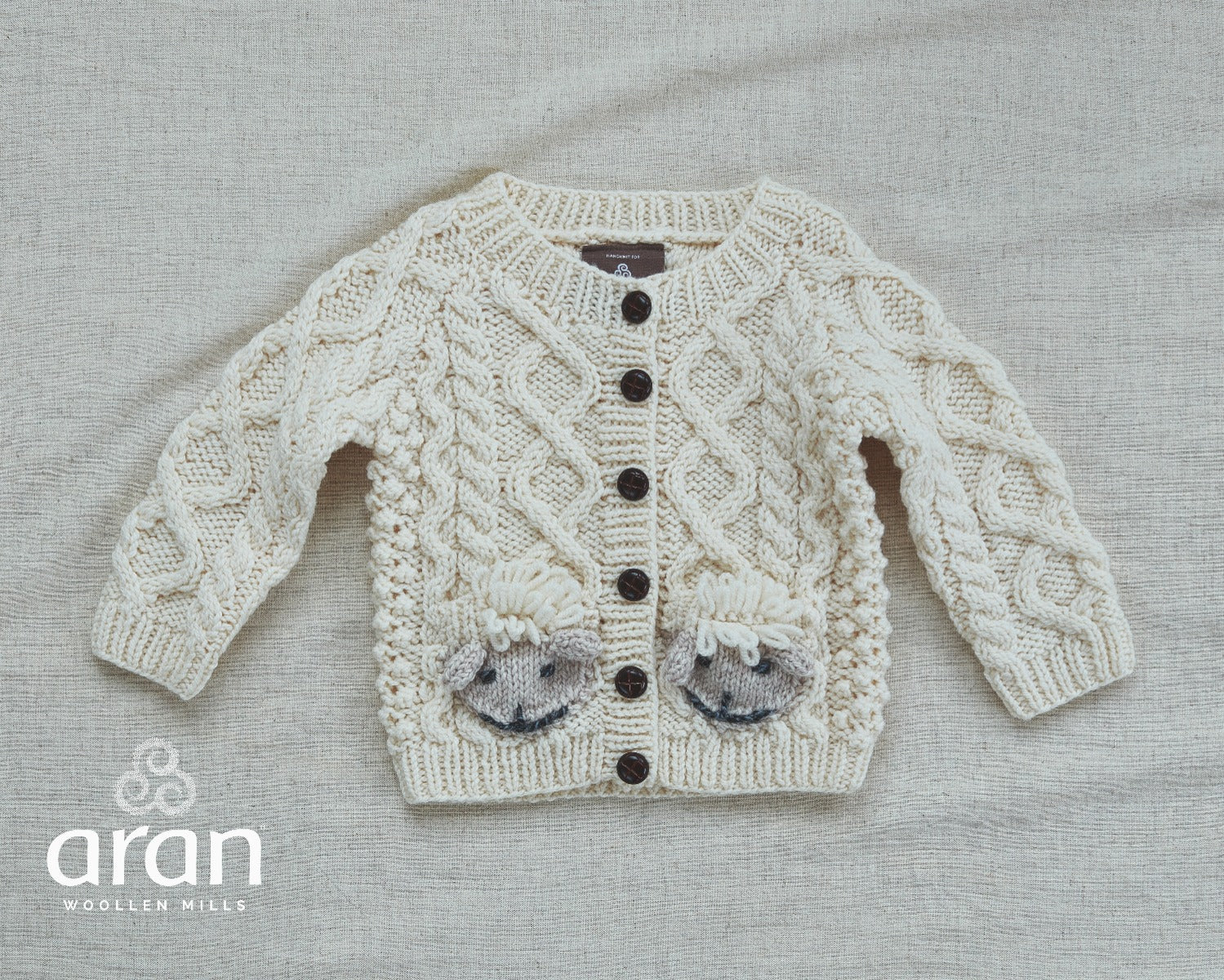 Baby Handknit Aran Cardigan with Sheep Pockets , Natural