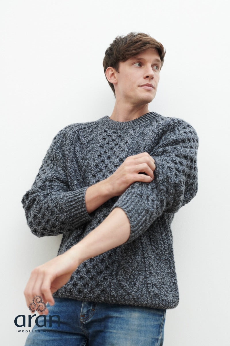 Handknit Crew Neck Aran Sweater , Charcoal