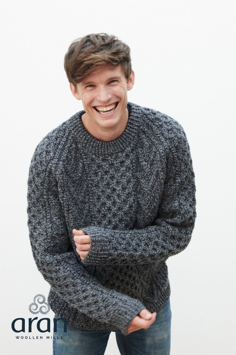 Handknit Crew Neck Aran Sweater , Charcoal