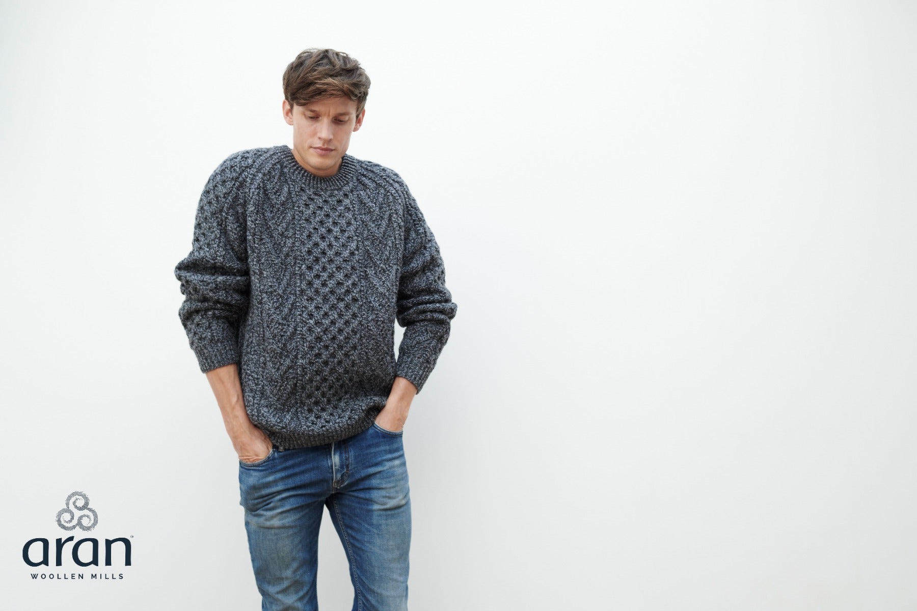 Handknit Crew Neck Aran Sweater , Charcoal