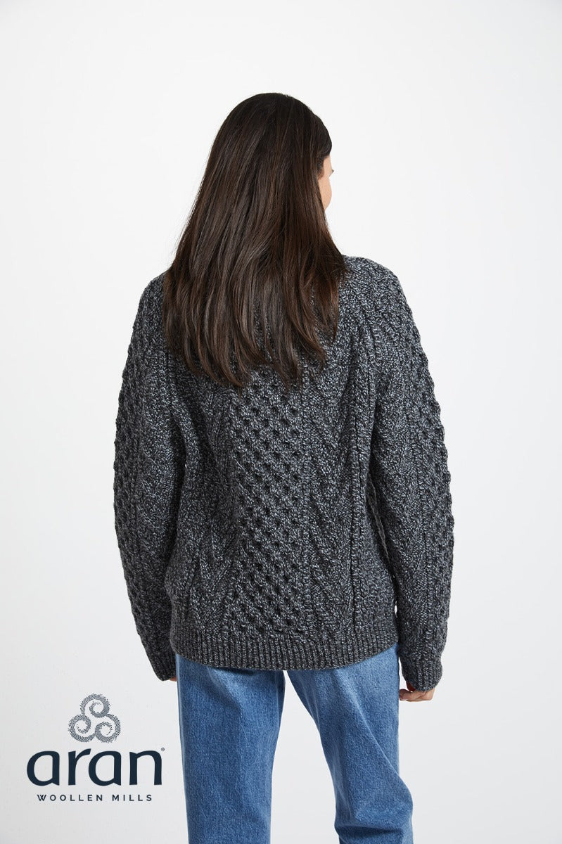 Handknit Crew Neck Aran Sweater , Charcoal