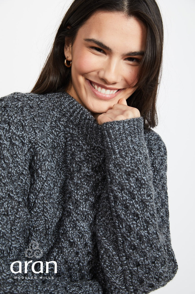 Handknit Crew Neck Aran Sweater , Charcoal