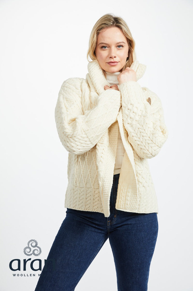 One-Button Sweater with Draped Collar , Natural