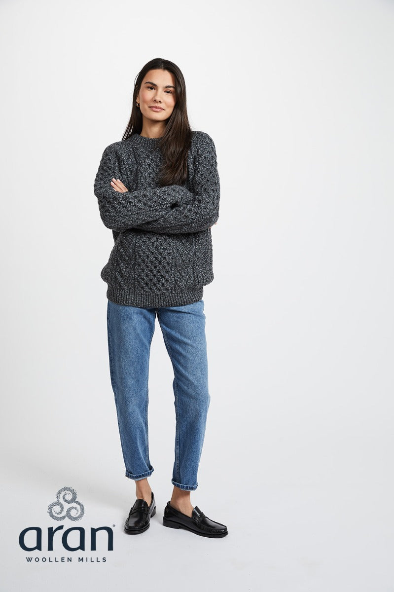 Handknit Crew Neck Aran Sweater , Charcoal