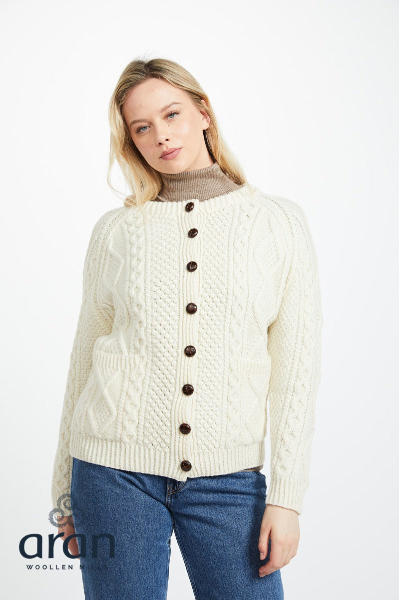 Aran Handknit Lumber Cardigan with Pockets , Natural