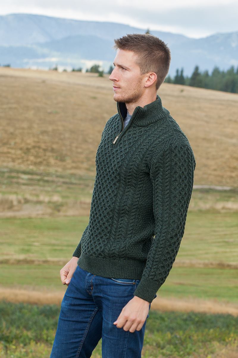 Men's 1/4 Zip Aran Sweater - Army Green