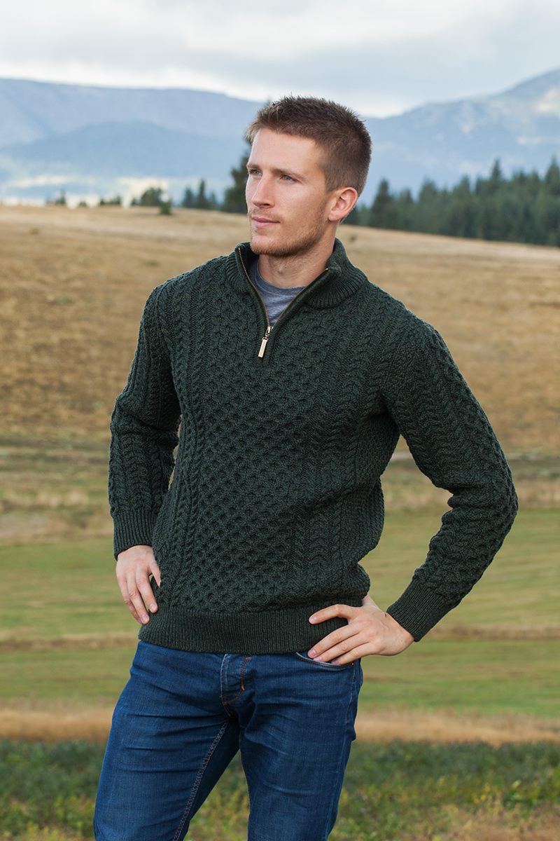 Men's 1/4 Zip Aran Sweater Army Green - Main Image