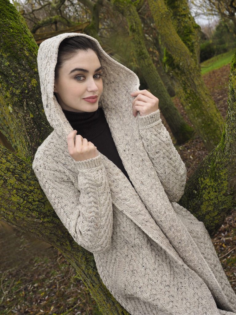 Herringbone Shawl Cardigan With Hood , Oatmeal