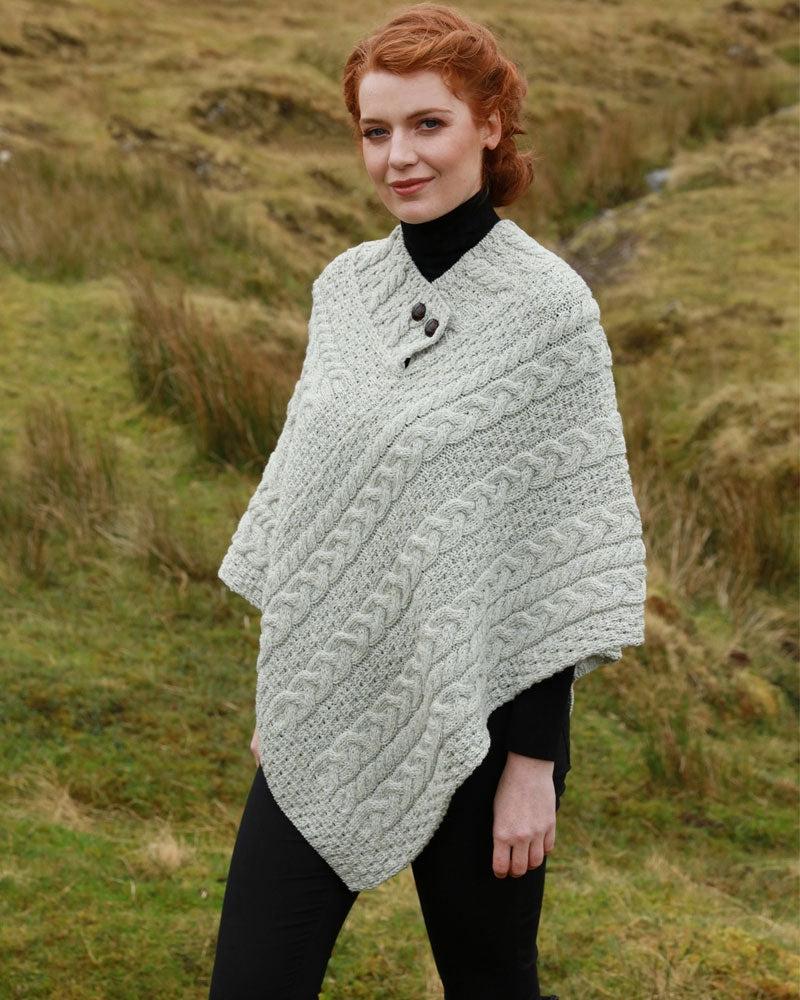 Merino Wool Button Poncho , Natural