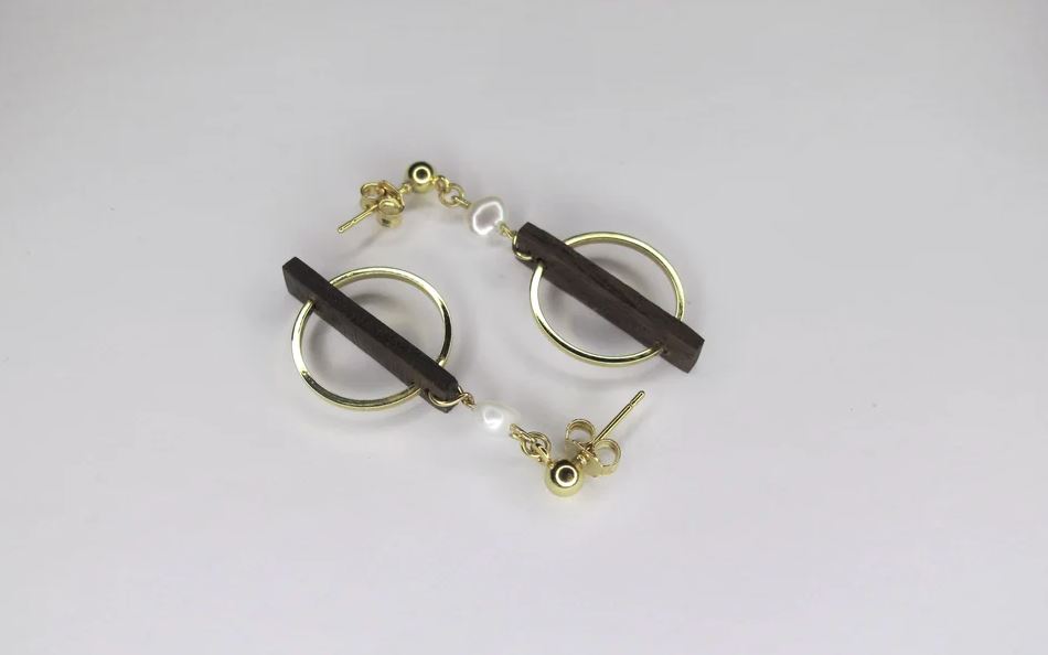 Deeca Pearl & Walnut Abstract Earrings