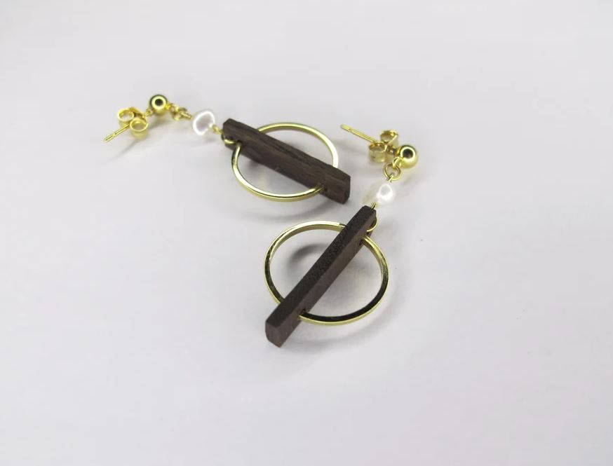 Deeca Pearl & Walnut Abstract Earrings