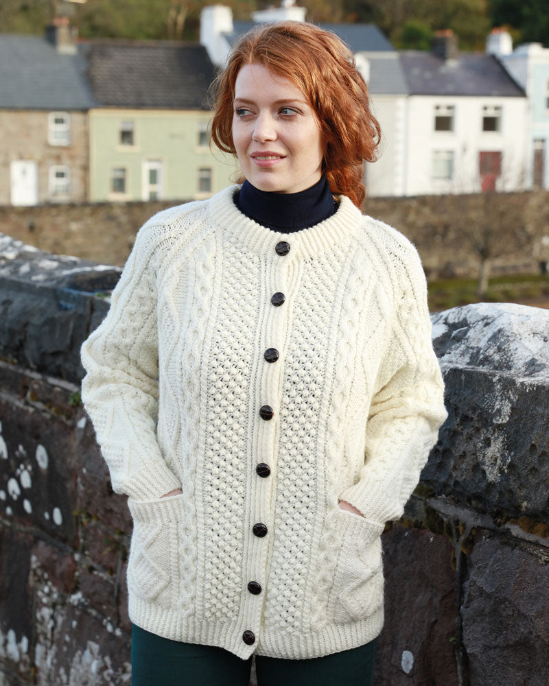 Aran Handknit Lumber Cardigan with Pockets , Natural