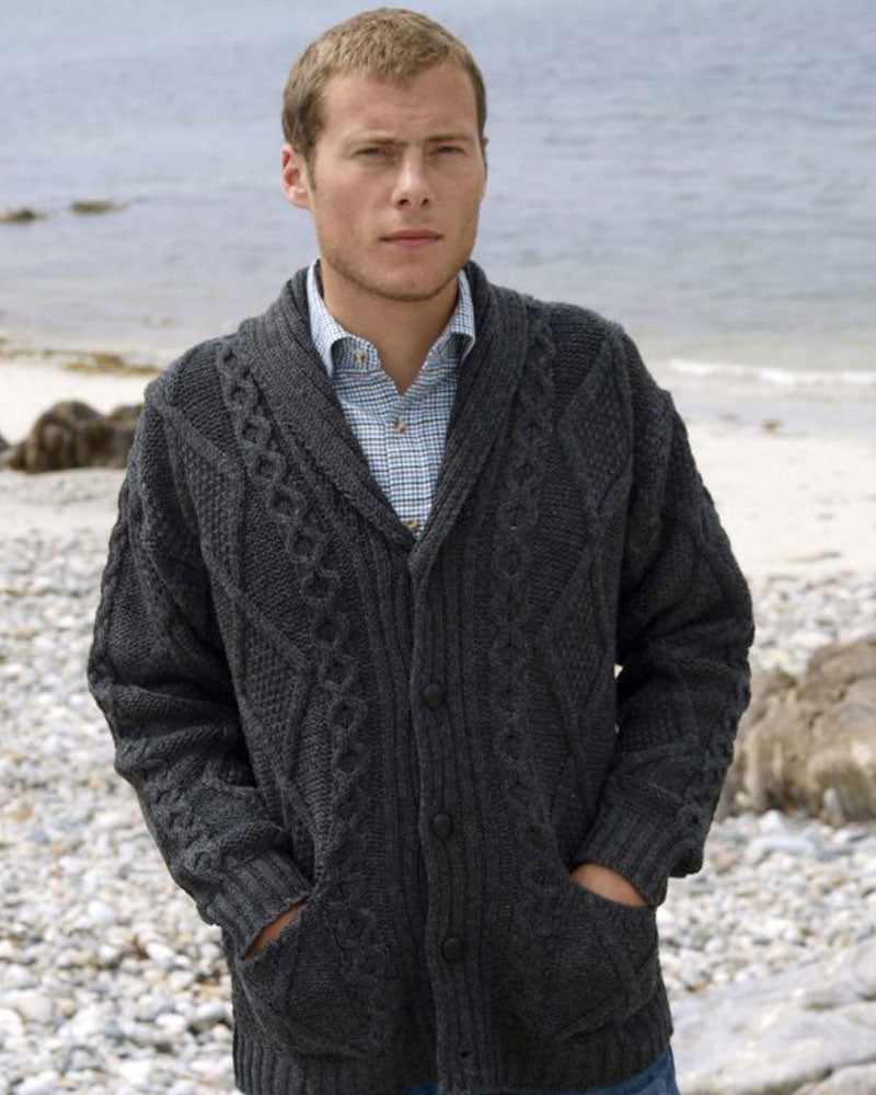 100% Merino Wool Shawl Collar Cardigan | Charcoal | SH4139