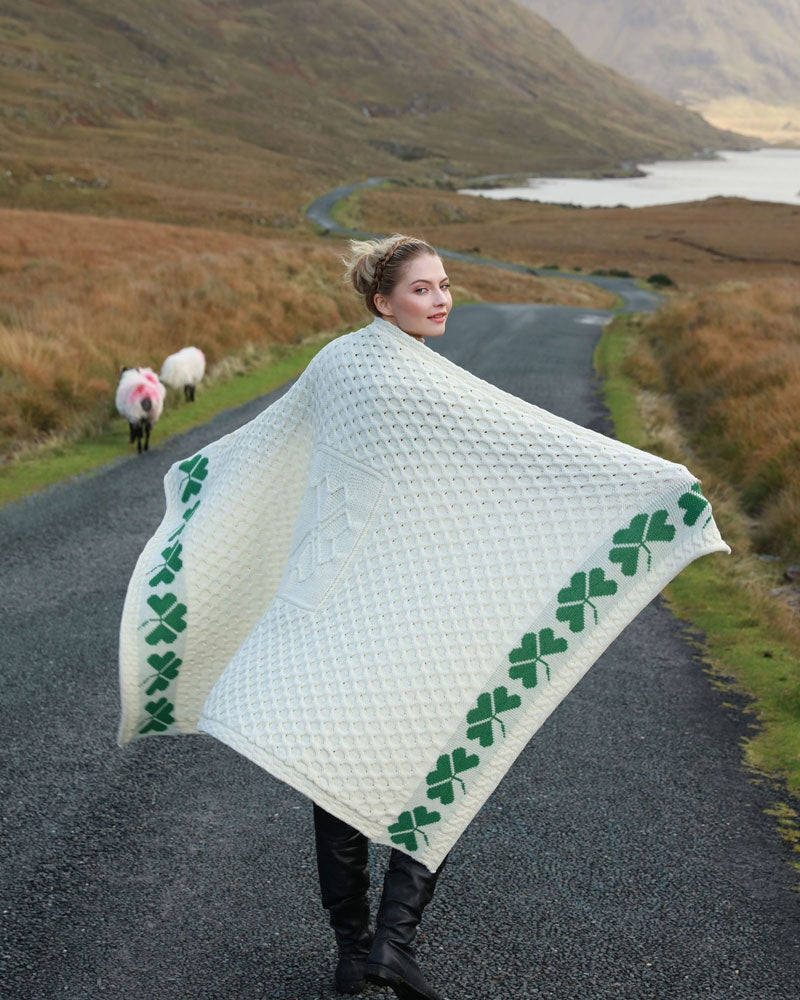 Large Aran Shamrock Wool Blanket , Natural