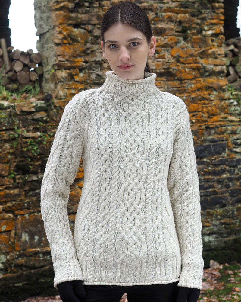 Funnel Neck Aran Sweater , Natural