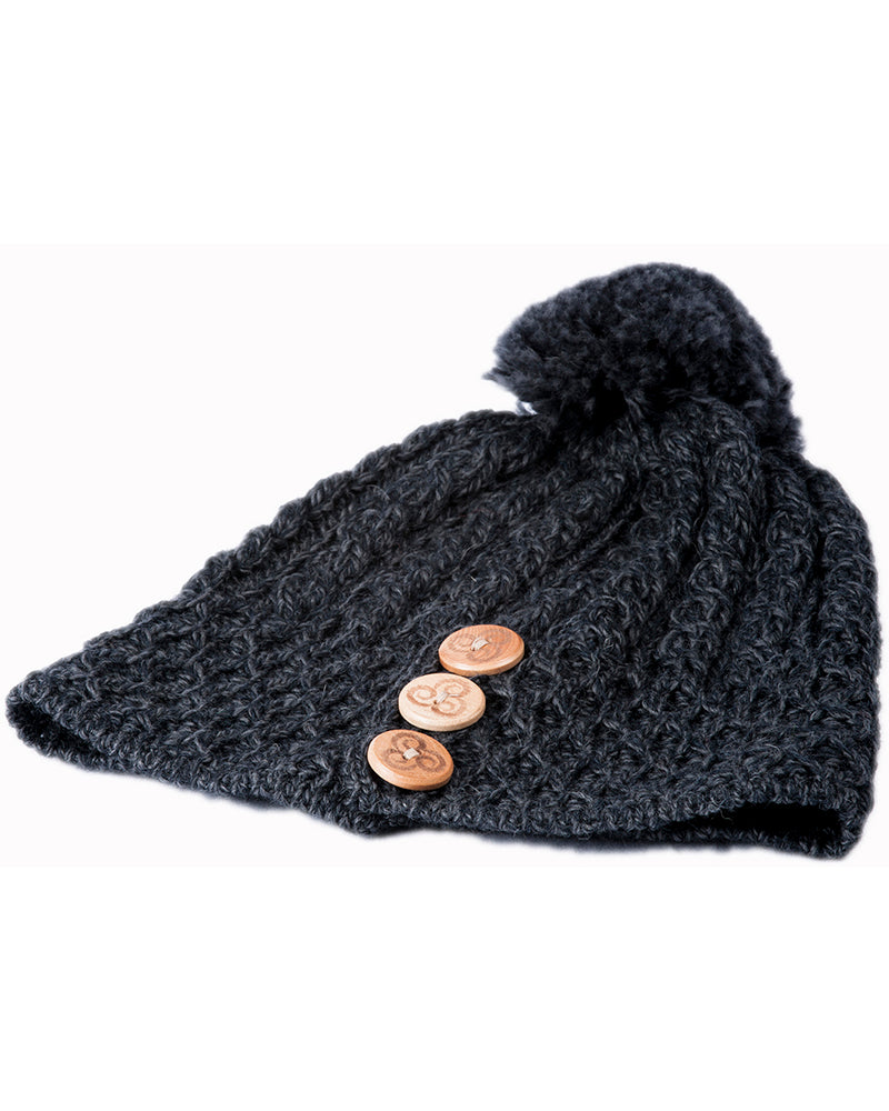 Aran Merino Wool Hat with 3 Buttons , Derby Charcoal