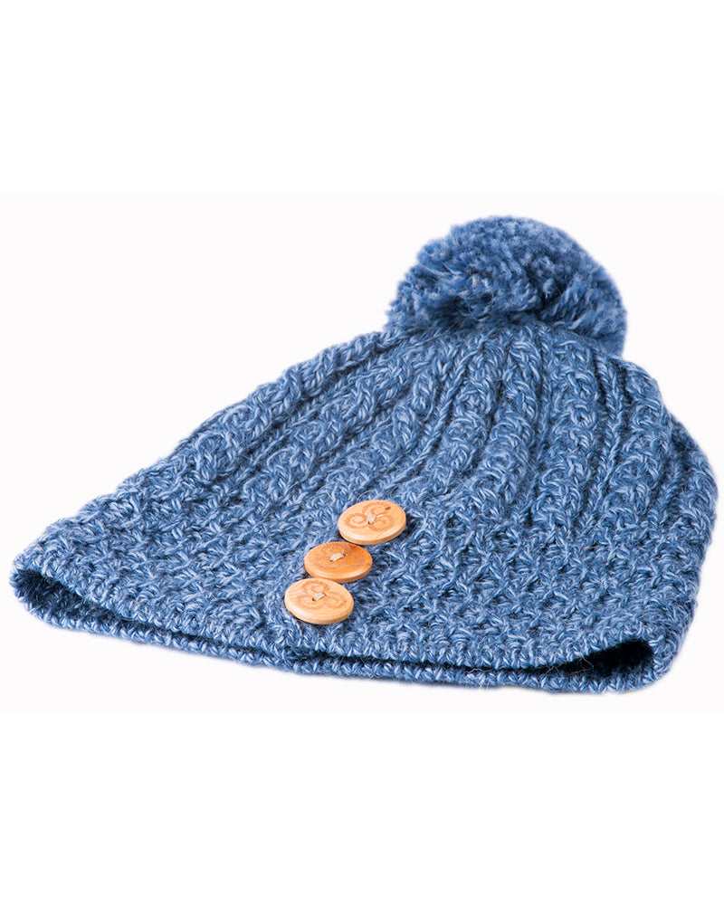 Aran Merino Wool Hat with 3 Buttons , Denim Marl