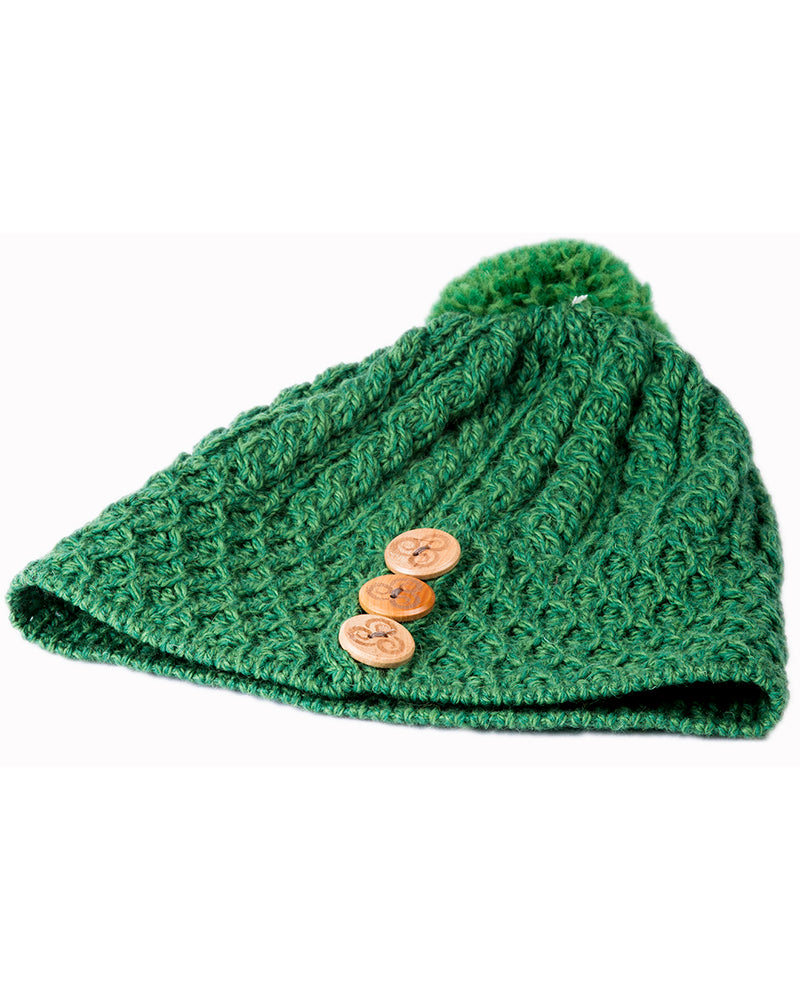 Aran Merino Wool Hat with 3 Buttons , Green