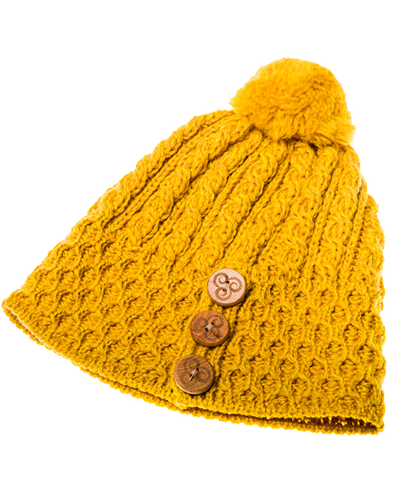 Aran Merino Wool Hat with 3 Buttons , Sun Yellow