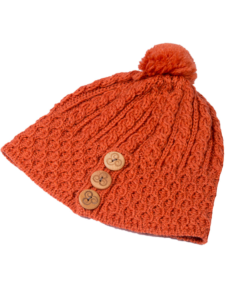 Aran Merino Wool Hat with 3 Buttons , Autumn Leaves Orange