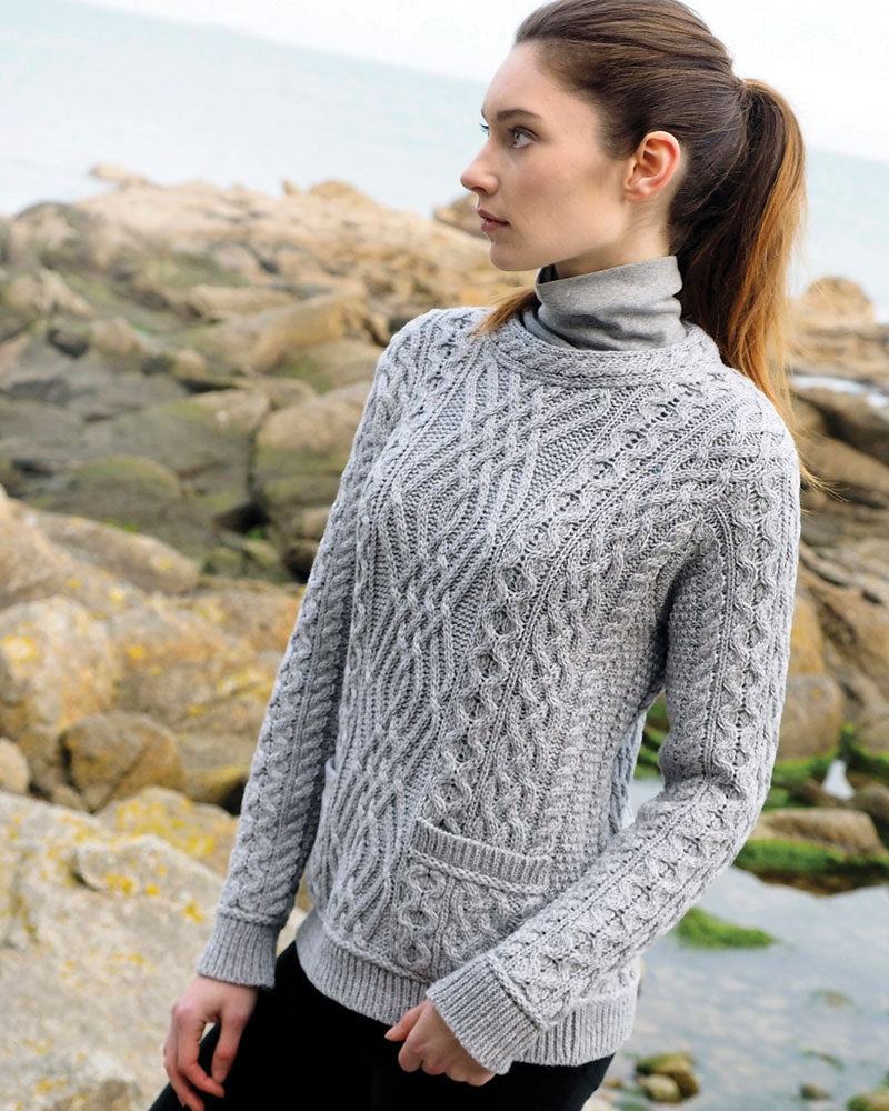 West End Knitwear | Cable Crew Neck Sweater With Pockets | Soft Grey | C4443
