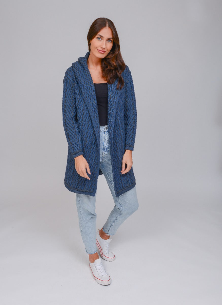 Herringbone Shawl Cardigan With Hood , Mallard