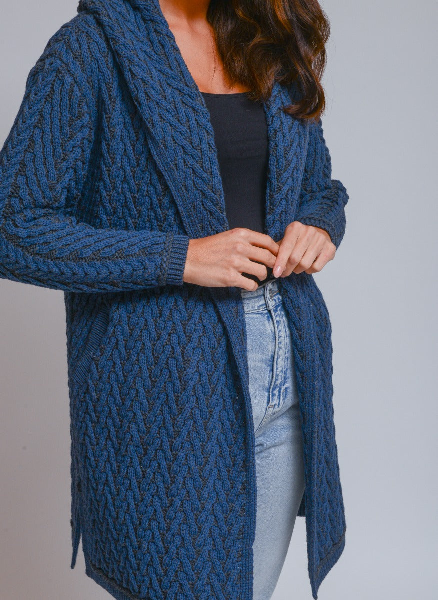 Herringbone Shawl Cardigan With Hood , Mallard
