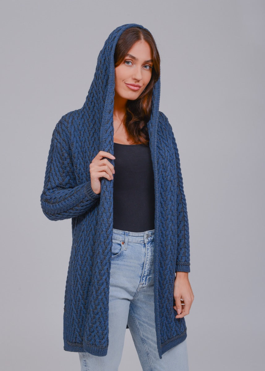 Herringbone Shawl Cardigan With Hood , Mallard