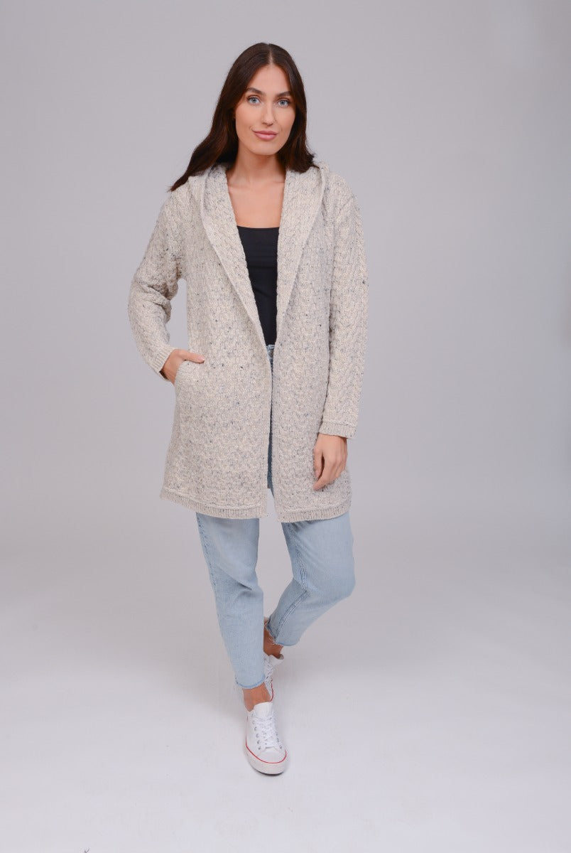 Herringbone Shawl Cardigan With Hood , Oatmeal
