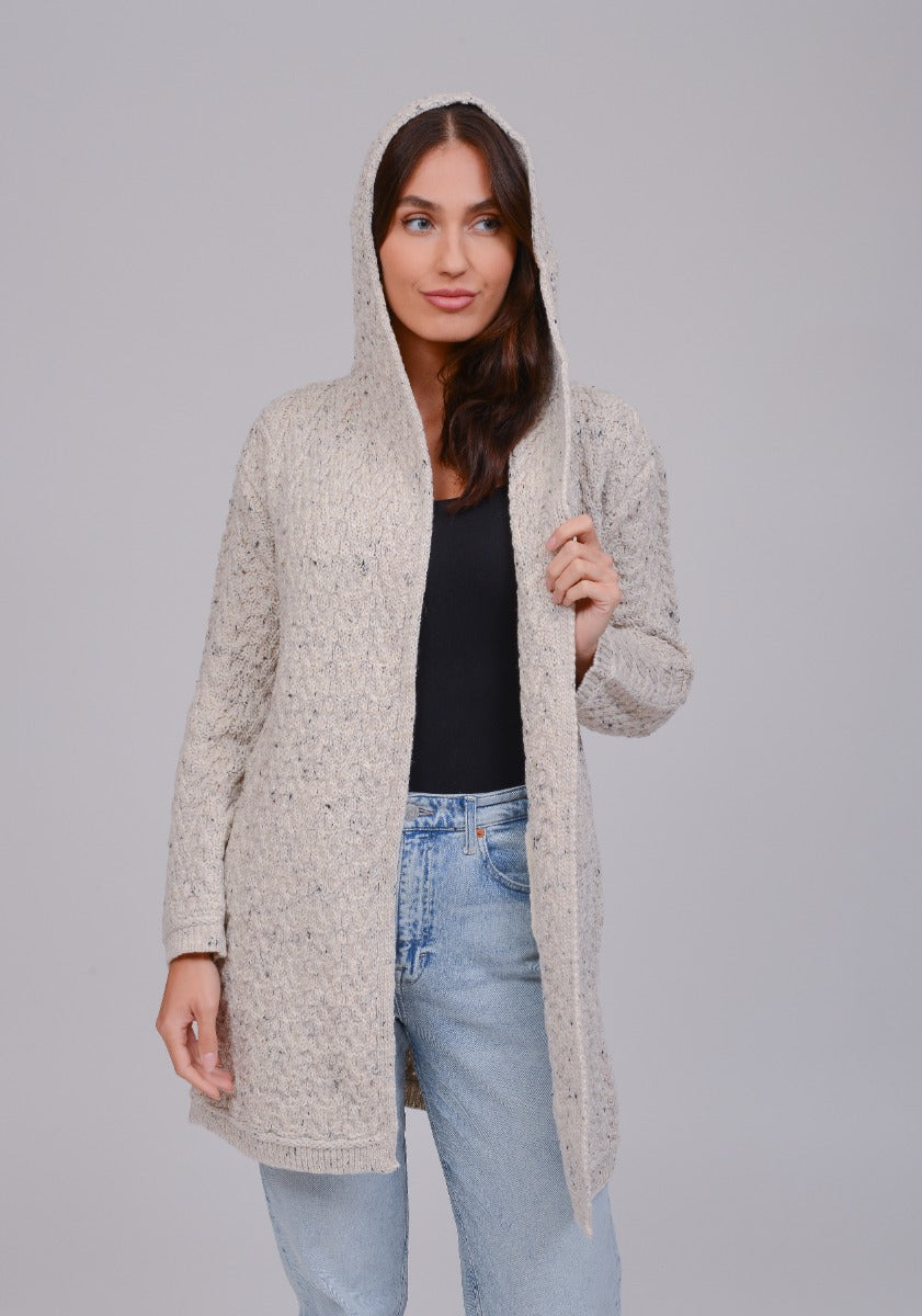 Herringbone Shawl Cardigan With Hood , Oatmeal