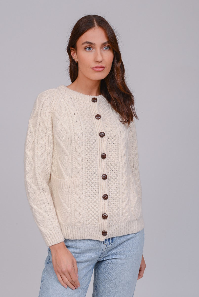 Aran Handknit Lumber Cardigan with Pockets , Natural