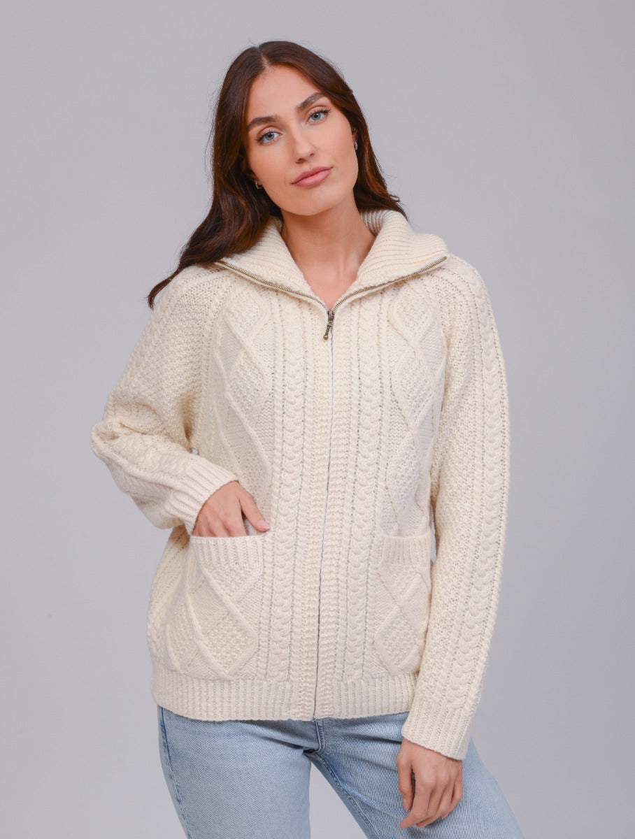 Handknit Unisex Zip Sweater , Natural