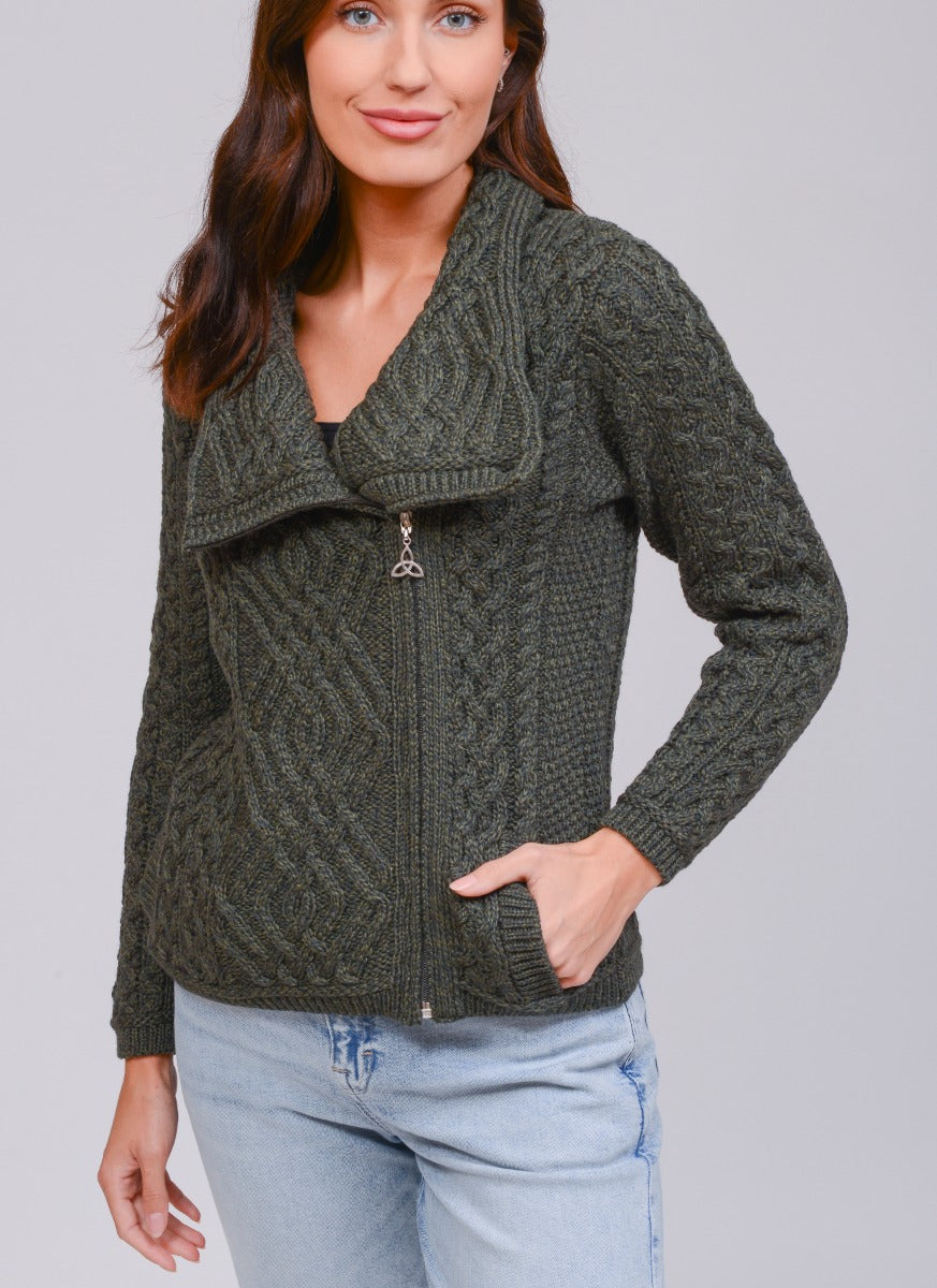 Cable Knit Jacket With Side Zip | Army Green | West End Z4630