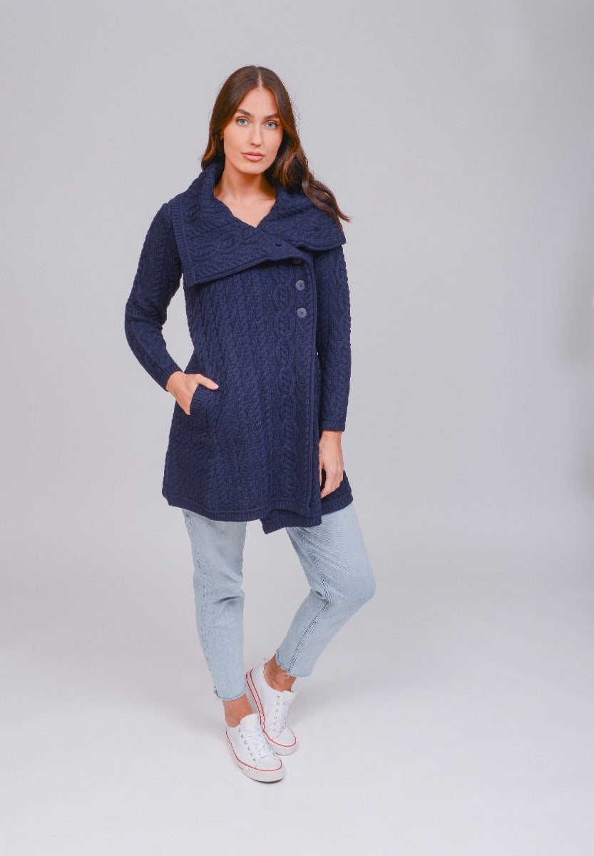 Chunky Collar Coat With Buttons , Navy